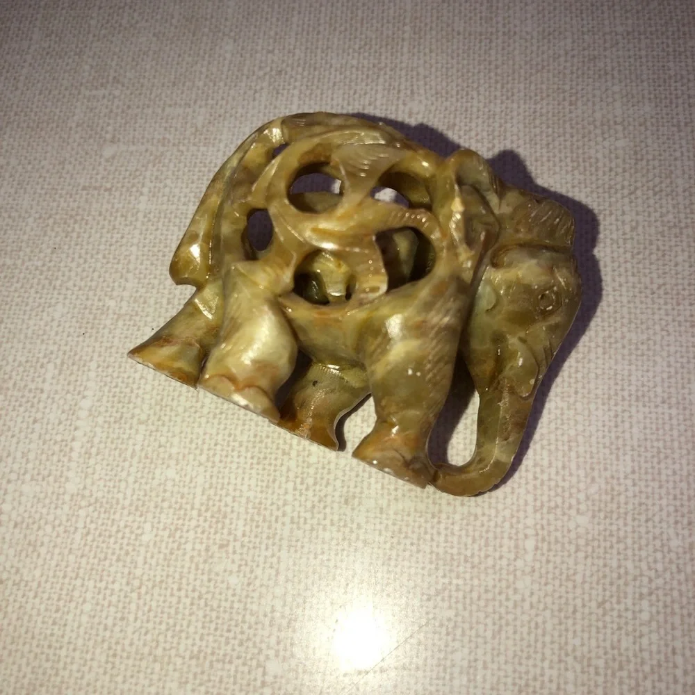 Carved Soapstone Elephant Calf Elephant Inside Detailed Scroll‎ Work Vines